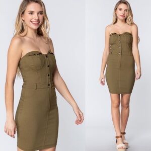FEW LEFT “Summer Love" Olive Green Strapless Button Down Mini Dress